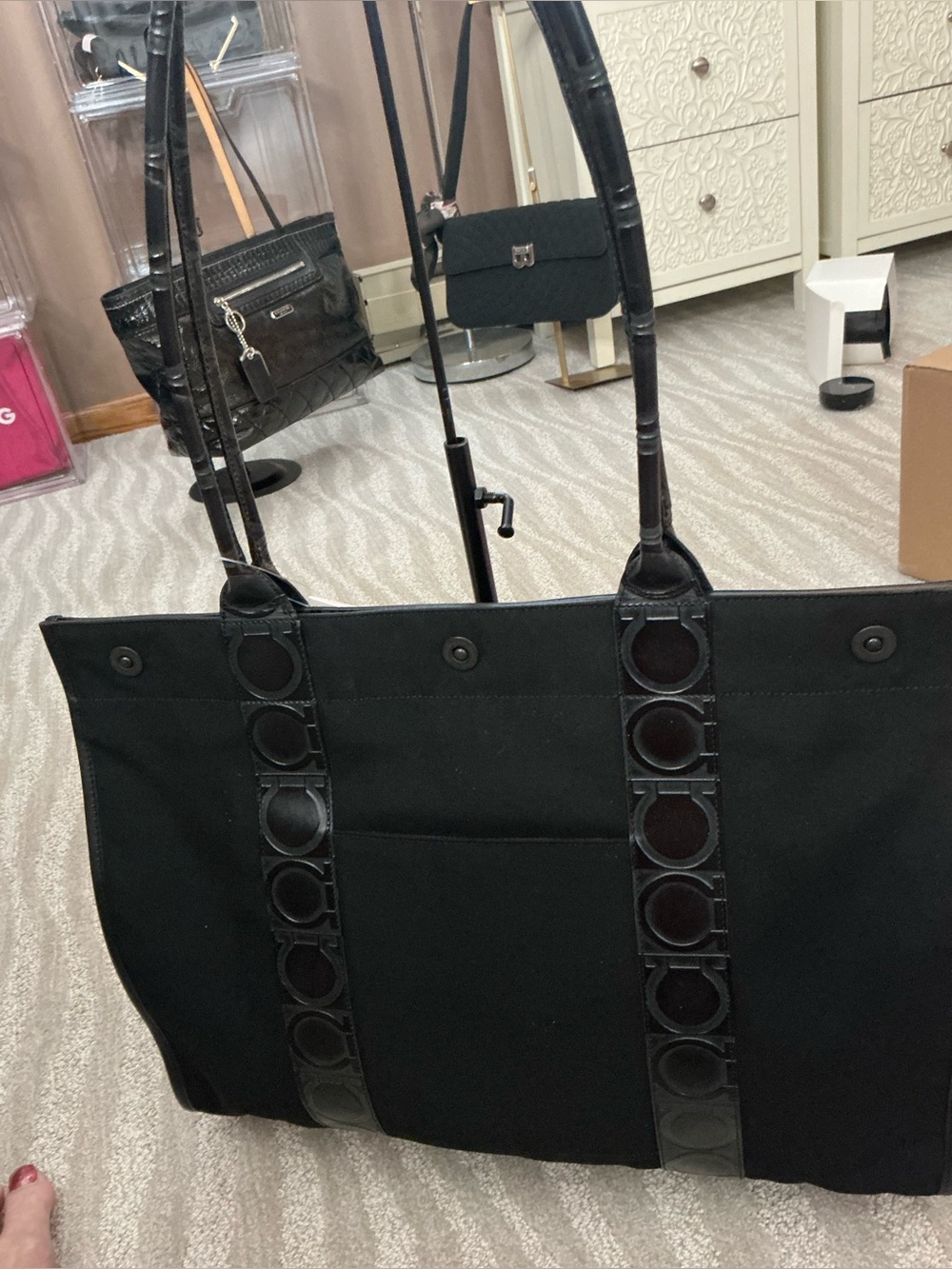 Salvatore Ferragamo Black Gancini Canvas Tote Bag Large Shoulder Shopper - Picture 2 of 16